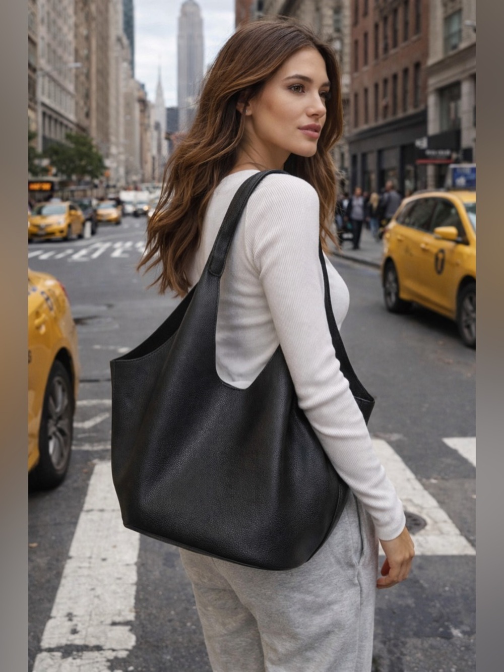 NWOT BCBG Black Vegan Leather Bucket Tote Bag Minimalist Shoulder Bag